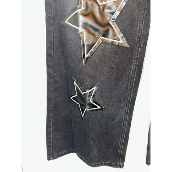 Y2K Streetwear Printed Star Patchwork  Baggy Jeans wide legged size Large L 8 - - Picture 4 of 9
